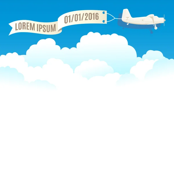 Flying vintage plane with banner and white clouds. Vector - Stok Vektor