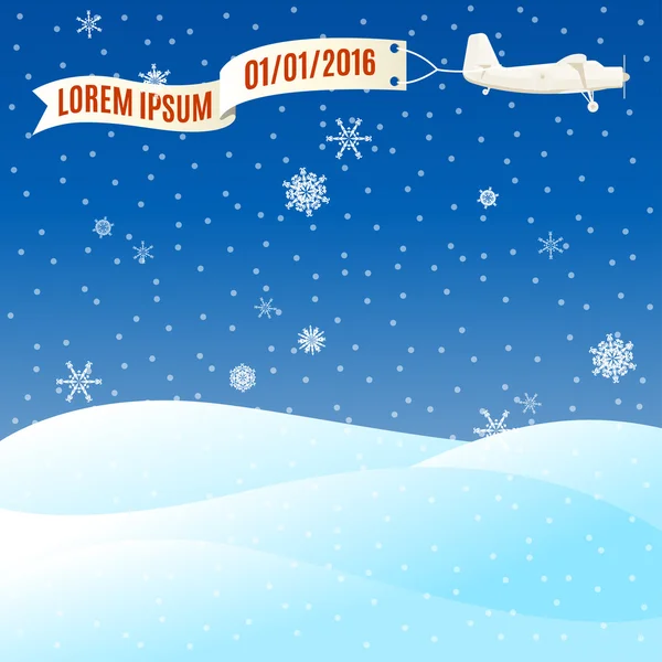 Flying vintage plane with banner and snowy hills, winter scene. - Stok Vektor