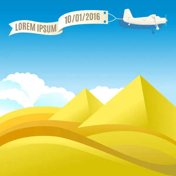 Flying vintage plane with banner and pyramids, desert landscape. - Stok Vektor