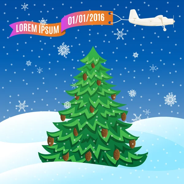 Flying vintage plane with banner and evergreen tree - Stok Vektor