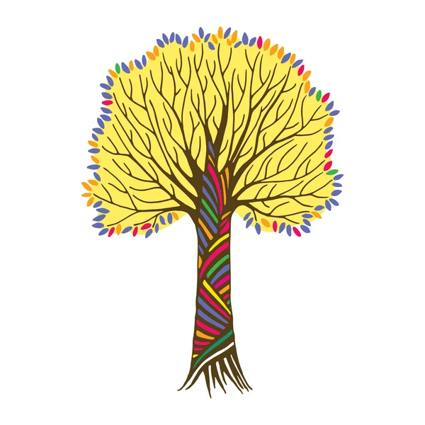 Folhas da árvore vintage de mão estilizada empate com arco-íris — Vetor de Stock