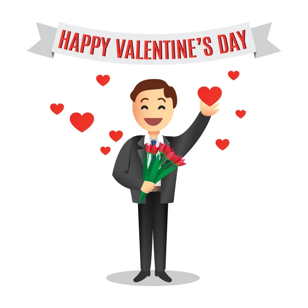 Romantic cartoon man with flowers for Valentines Day — Stock Vector