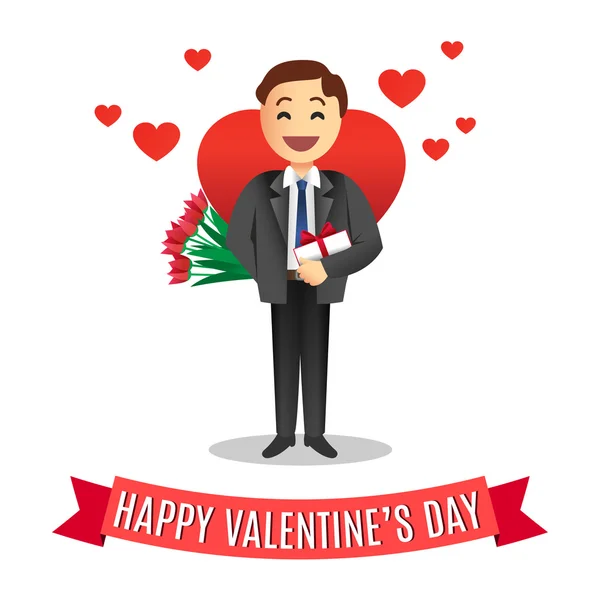 Romantic cartoon man with flowers for Valentines Day — Stock Vector