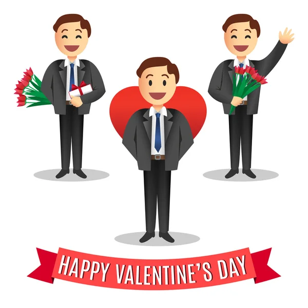 Set of Romantic cartoon men's with flowers for Valentines Day — Stock Vector