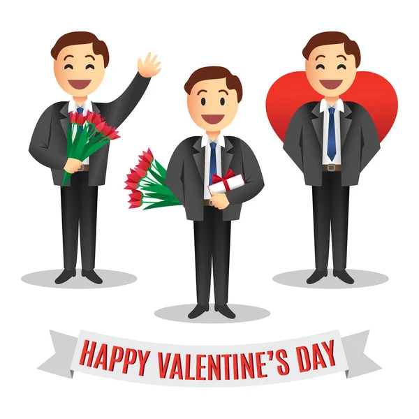 Set of Romantic cartoon men's with flowers for Valentines Day — Stock Vector