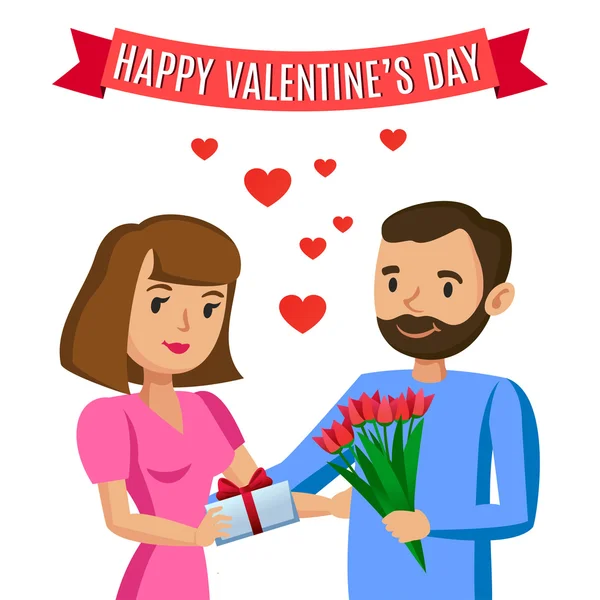 Man gives woman bouquet of flowers for Valentine's day. — Stock Vector