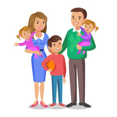 Ebeveynler ve çocuklar gülümseyen mutlu aile portresi.