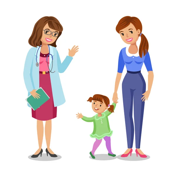 Mujer con niña, visita de médico, madre e hija — Vector de stock