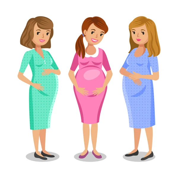 Drie gelukkige zwangere vrouwen. Moederschap en vrienden concept. — Stockvector