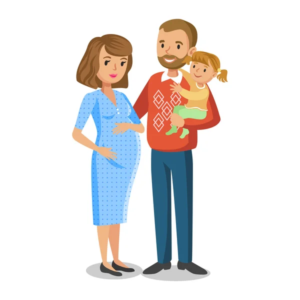Τυπική οικογένεια στην αγάπη, μικρό κορίτσι και οι γονείς, έγκυος γυναίκα — Διανυσματικό Αρχείο