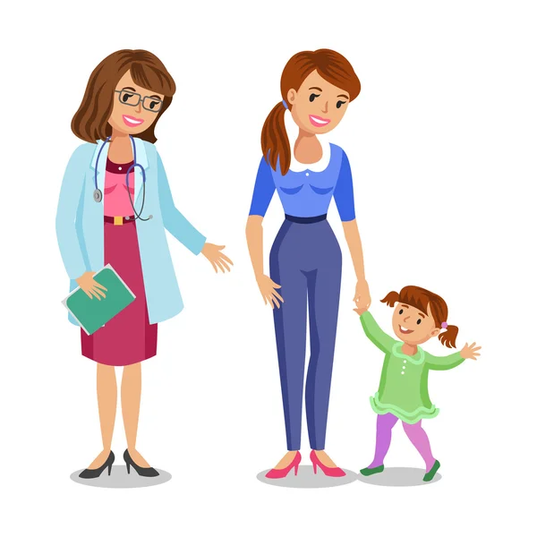 Γυναίκα με κοριτσάκι που επισκέπτονται το γιατρό, μητέρα και κόρη — Διανυσματικό Αρχείο