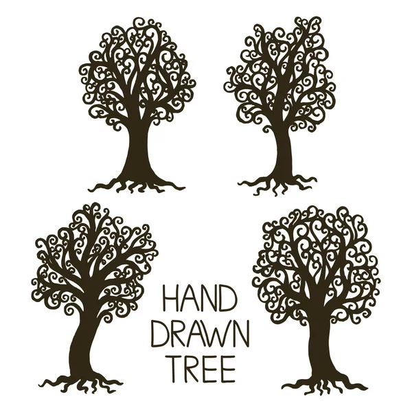 Conjunto de estilizada mano dibujar vendimia viejo árbol con ramas torcidas — Archivo Imágenes Vectoriales