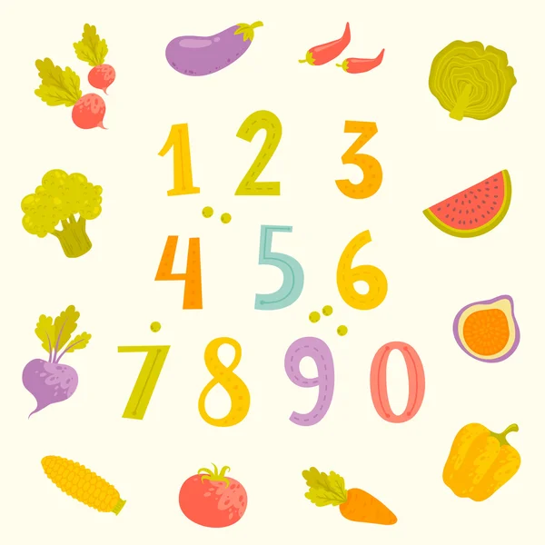子供のためのベクトルの漫画果物や野菜の数字 — ストックベクタ
