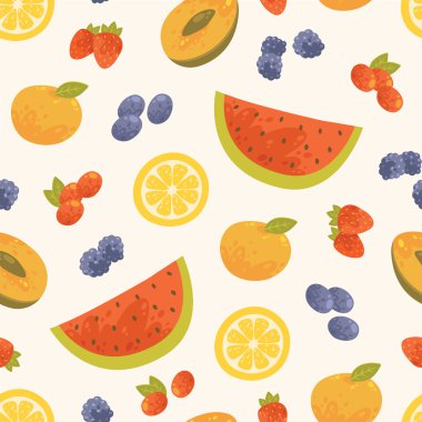 Vektör tatlı yaz arka plan. Meyve ve çilek ile Seamless modeli. Duvar kağıtları, desen dolgularını, web arka planlar, yüzey dokuları için seamless modeli-ebilmek var olmak kullanılmış.