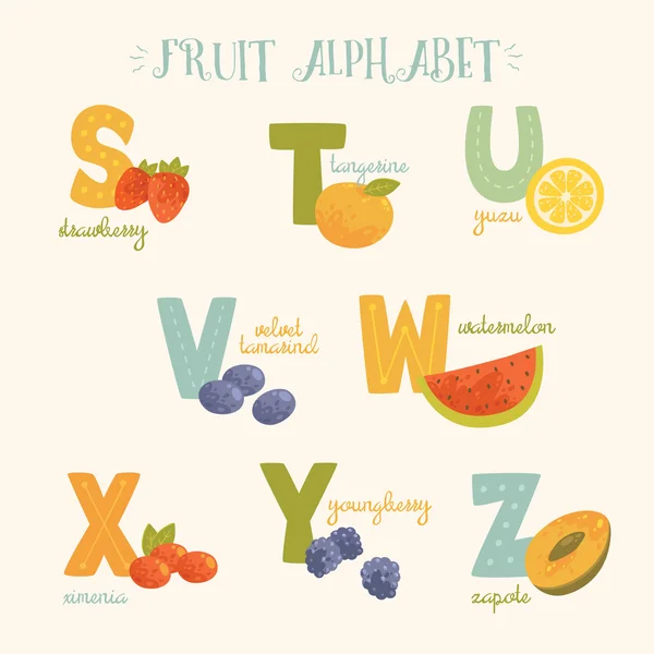 Vektor színes gyümölcs ábécé. S, t, u, v, w, x, y, z betűk. Eper, mandarin, yuzu, bársony tamarind, görögdinnye, ximenia, youngberry, zapote, élénk színek. — Stock Vector