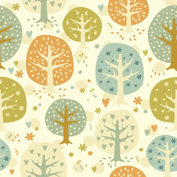 Vektorové pozadí lesa. Bezešvé vzor se stromy a květiny. Bezešvé vzor lze použít pro tapety, vzorkové výplně, webové pozadí, povrchové textury. — Stockový vektor