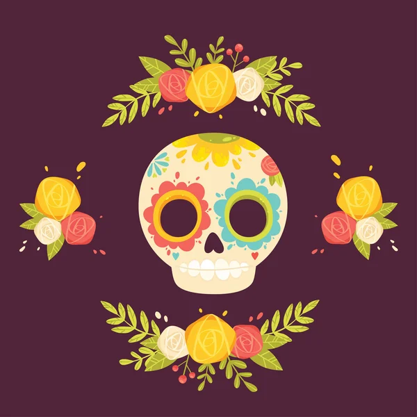 Giorno dell'illustrazione di vettore variopinta morta. Teschio di zucchero messicano e fiori. Scheda Calavera . — Vettoriale Stock