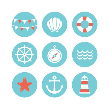 Vektör kümesi 9 düz deniz öğeleri, mavi, beyaz ve kırmızı renkler.