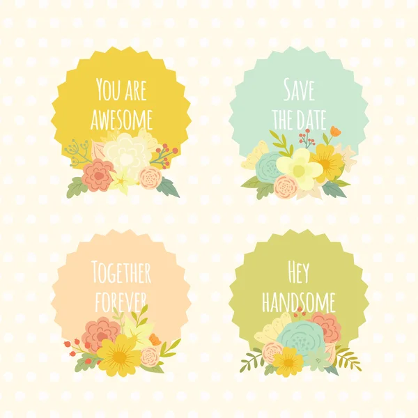 Cute vintage vector labels with beautiful floral bouquets. Summer colorful flowers and lovely phrases for wedding or declaration of love. — Stock Vector