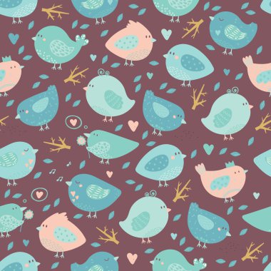 Sevimli kuş, kalp, ağaç dalları ile güzel seamless modeli.