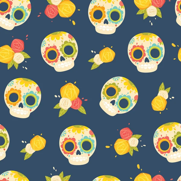 Day of the dead colorful vector pattern. Seamless background with mexican sugar skulls and flowers. — Stock Vector