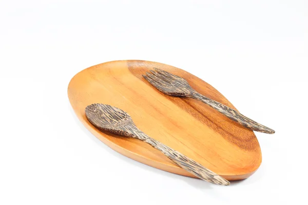 Wooden spoons, wooden forks on wood background — Stock Photo, Image