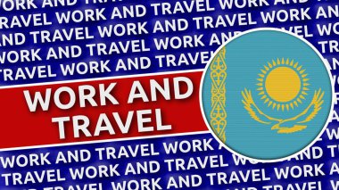 Kazakistan Çalışma ve Seyahat Başlıklarıyla Dairesel Bayrak - 3B Görüntü