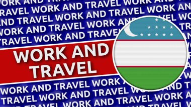 Çalışma ve Seyahat Başlıklarına sahip Özbekistan Dairesel Bayrağı - 3B Görüntü