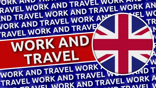 联合王国附有工作和旅行名称的通函旗帜 3D说明 — 图库照片