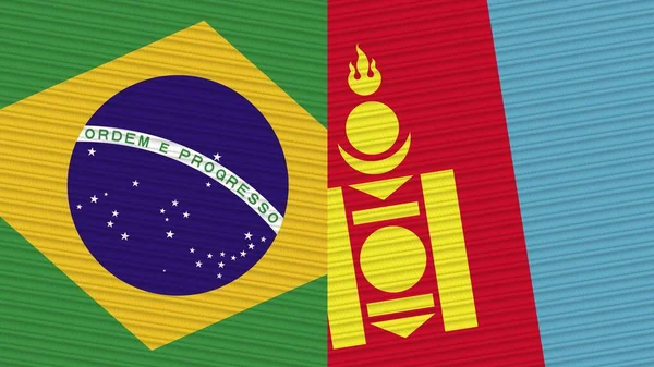Mongolia Brazil Two Half Flags Together Fabric Texture Illustration — Stock Photo, Image