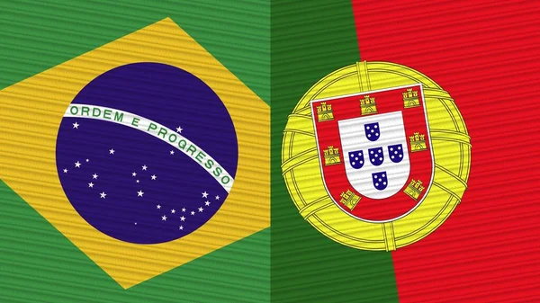 Portugal Brazil Two Half Flags Together Fabric Texture Illustration — Stock Photo, Image