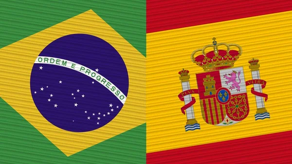 Spain Brazil Two Half Flags Together Fabric Texture Illustration — Stock Photo, Image