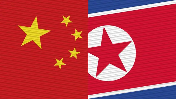 Nordkorea Och Kina Två Halva Flaggor Tillsammans Tyg Textur Illustration — Stockfoto