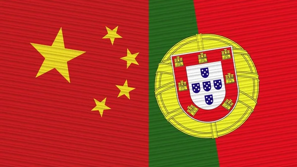 Portugal China Duas Meias Bandeiras Juntas Ilustração Textura Tecido — Fotografia de Stock