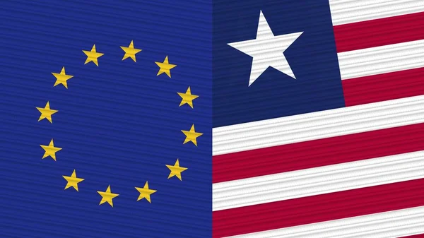 Libéria União Europeia Duas Meias Bandeiras Juntas Ilustração Textura Tecido — Fotografia de Stock