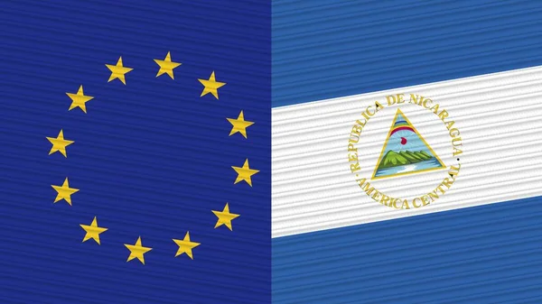 Nicaragua European Union Two Half Flags Together Fabric Texture Illustration — Stock Photo, Image