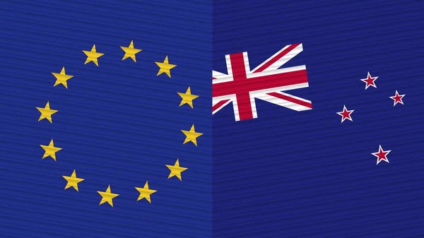 Nový Zéland Evropská Unie Dvě Poloviční Vlajky Dohromady Textilní Textury — Stock fotografie