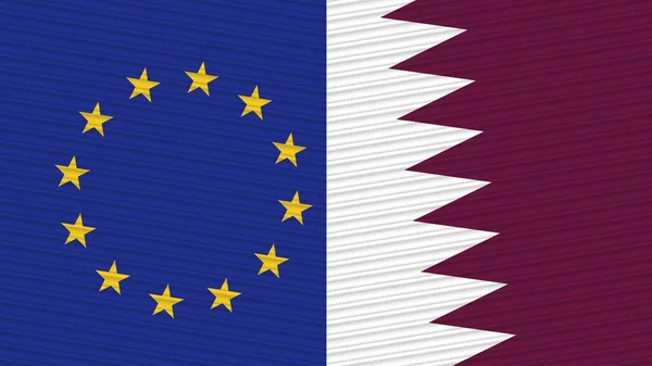 Qatar Unione Europea Due Mezze Bandiere Insieme Tessuto Texture Illustrazione — Foto Stock