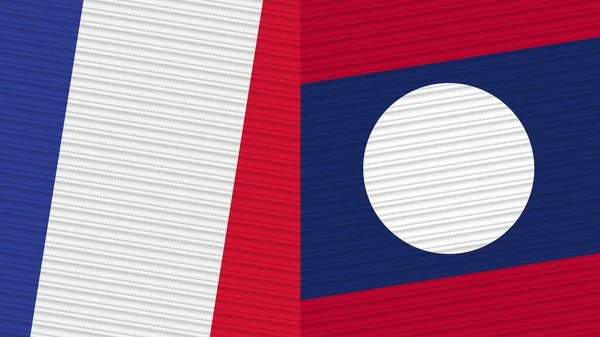 Laos France Two Half Flags Together Fabric Texture Illustration — Stock Photo, Image