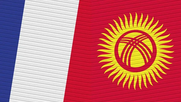 Kyrgyzstan France Two Half Flags Together Fabric Texture Illustration — Stock Photo, Image