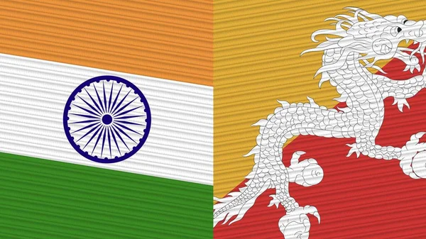 Bhutan India Twee Halve Vlaggen Samen Stof Textuur Illustratie — Stockfoto