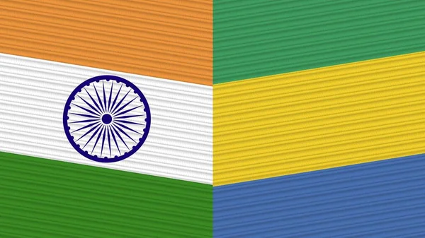 Gabun Und Indien Zwei Halbe Flaggen Zusammen Stoff Textur Illustration — Stockfoto
