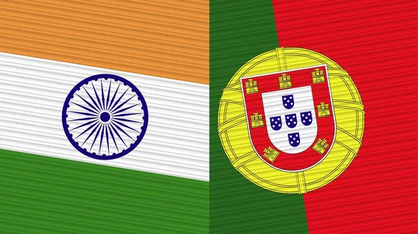 Portugal India Two Half Flags Together Fabric Texture Illustration — ストック写真
