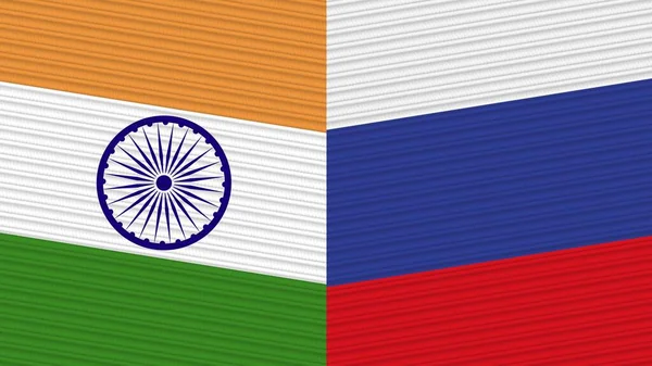 Russia India Two Half Flags Together Fabric Texture Illustration — 图库照片
