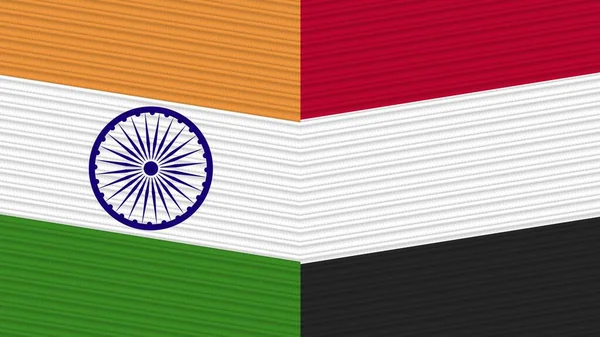 Yemen India Due Mezze Bandiere Insieme Tessuto Texture Illustrazione — Foto Stock