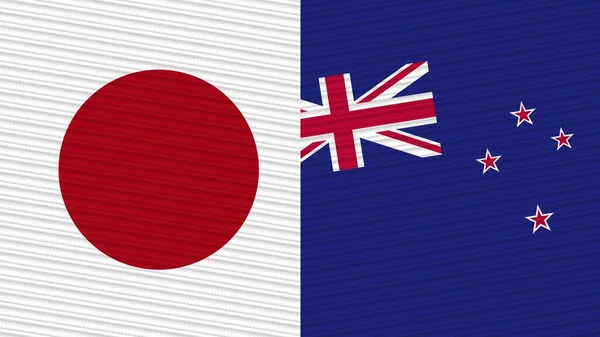 ニュージーランドと日本2枚のハーフフラグ ファブリックテクスチャイラスト — ストック写真