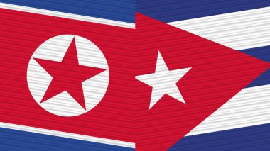 Küba ve Kuzey Kore İki Yarım Bayrak Birlikte Kumaş Doku Çizimi