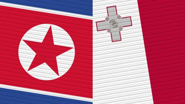 Malta Coreia Norte Duas Meias Bandeiras Juntas Ilustração Textura Tecido — Fotografia de Stock