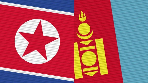 Mongolia North Korea Two Half Flags Together Fabric Texture Illustration — Stock Photo, Image