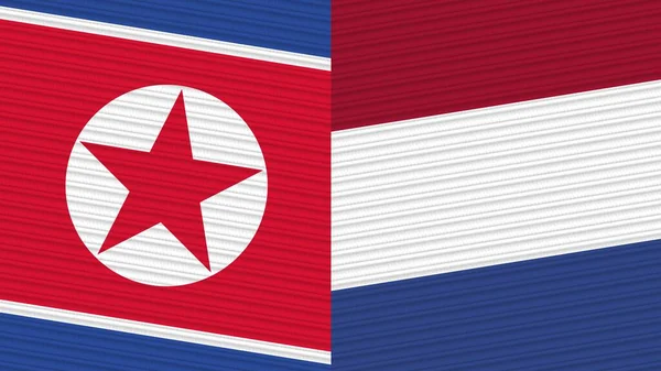 Holanda Coreia Norte Duas Meias Bandeiras Juntas Ilustração Textura Tecido — Fotografia de Stock